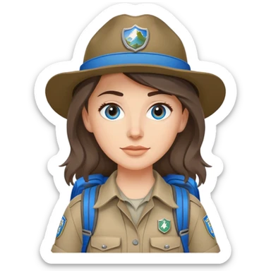 white woman park ranger with gray and brown hair, blue eyes, wearing a backpack sticker