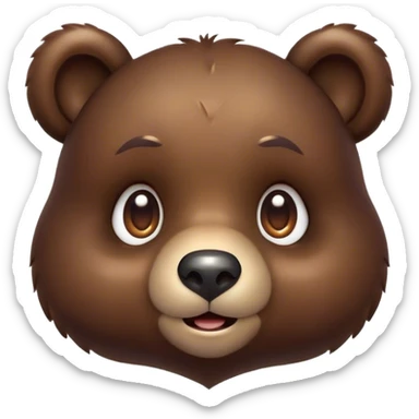 Cinematic Cute Bear Portrait Emoji, Head tilted playfully and inquisitively, featuring a glossy dark brown fur with a natural sheen and round, sparkling eyes filled with gentle curiosity, Simplified yet irresistibly adorable features, highly detailed, glowing with a warm, friendly glow, high shine, affectionate and mighty, stylized with a touch of woodland whimsy, bright and endearing, soft glowing outline, capturing the essence of a mischievous yet loving bear, so playful it feels like it could amble out of the screen and into your arms! sticker