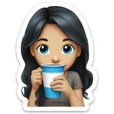 Girl with long black hair blue eyes sipping coffee sticker
