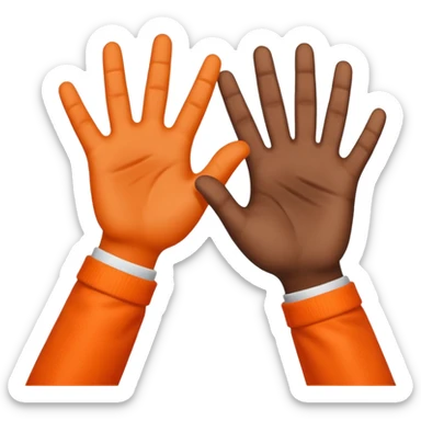 a high-five between two hands, one fair-skinned and one dark-skinned, wearing bright orange sleeves. sticker
