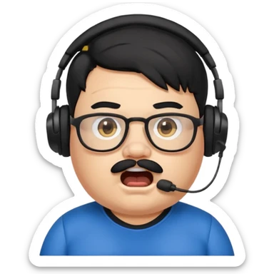 "A cartoon-style emote of a chubby streamer with black hair, mustache, and glasses, wearing a headset and a black Puma shirt. He has a shocked facial expression with wide eyes and an open mouth.

 sticker