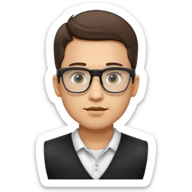 Man from the shoulder up, facing the audience. Wearing a black vest and AR glasses that look like google glasses.  sticker