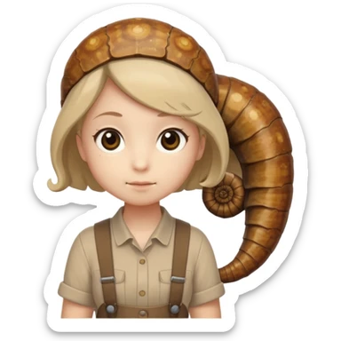 Shelly has a small, chibi-style body with a large ammonite-shaped head that looks like a beige fossil shell. One side of her head has a dark opening, making it clear she isn’t human. Her face is simple and soft, with big round eyes. She wears a brown suspender outfit over a lighter shirt sticker