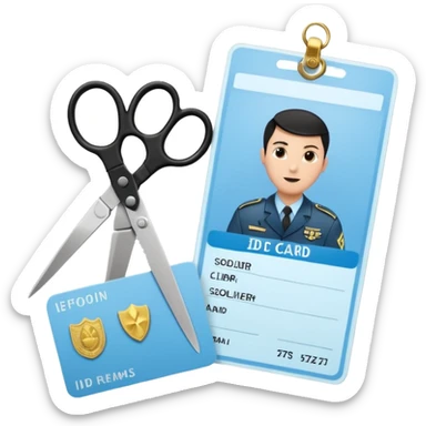 Floating black Scissors cutting in half a light blue idf soldier ID card with golden chip in 2 parts .hyper realistic sticker