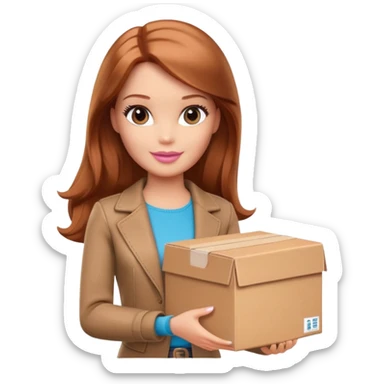 Barbie with shoulder-length reddish-brown hair in brown clothes holds a package box sticker