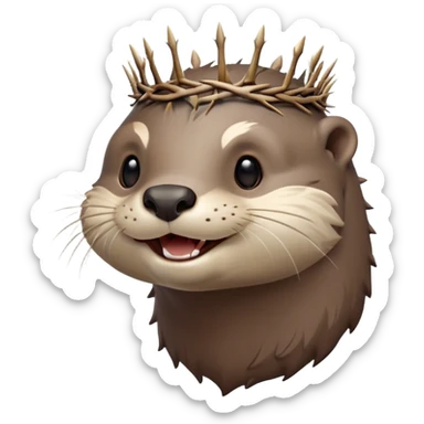 really cute smiling joyful otter face in three-quarter profile view with simple thorny stem wrapped horizontally around its forehead like Jesus Christ's Crown of thorns, no crown shape on top, just thin spiky branches circling the forehead sticker