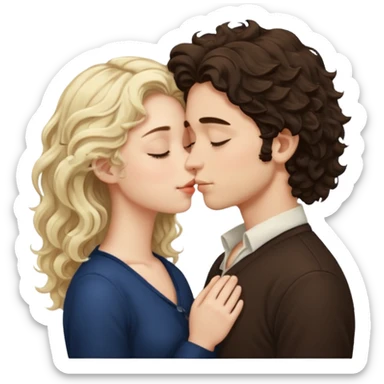 Tall White Italian boy with dark brown wavy fluffy hair and blonde wavy hair girl that's pale with wavy hair kissing with eyes closed  sticker