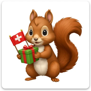 realistic squirrel holding a green gift box in one hand and a red Swiss flag in the other, both objects clearly visible, simple white background, the gift is a different color from the flag sticker