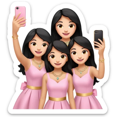 Just 3 besties with professional glammed up looks wearing pink and white, all medium skin tone smiling big with black long hair. Very girly wearing simple jewelry, taking a selfie  sticker