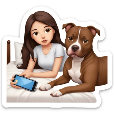 Girl long dark brown hair lays on her bed with her cell phone and her brown pit bull lays guarding her sticker