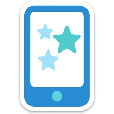 Smartphone icon with three stars, flat emoji style, outline with blue and turquoise colors, screen filled solid white sticker