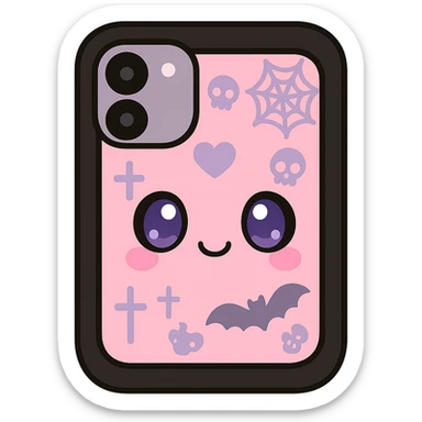 Add more gothic symbols such as crosses, spiderwebs, bats, and skulls to the pink and black kawaii phone case. Keep big eyes, smiling, cartoonish, playful, with no background. sticker