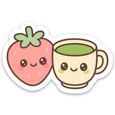 kawaii style strawberry next to a cup of matcha sticker