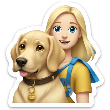 Blonde girl with blue eyes holding a golden Labrador with a blue collar sticker