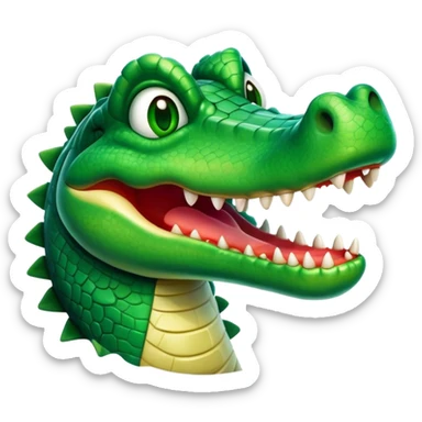 Cinematic Comical Crocodile Portrait Emoji, Head tilted dramatically with an exaggeratedly amused expression, featuring a striking, glossy emerald-green hide with bold textured scales and wide, expressive eyes filled with playful disbelief, Simplified yet hilariously expressive features, highly detailed, glowing with a slightly sassy glow, high shine, dramatic yet playful, stylized with an air of cheeky mischief, bright and endearing, soft glowing outline, capturing the essence of a spirited and over-the-top crocodile, so meme-worthy it feels like it could snap its jaws into internet fame instantly! sticker