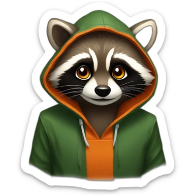 brown raccoon with orange eyes and a dark green hood that is smiling sticker