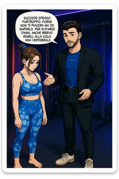 fai questa immagine in versione fumetto/manga/webtoon a colori, il manga mostra l'uomo che risponde alla donne:
Succede spesso purtroppo. 
Forse non ti piacerà ma devi saperlo, per evitare danni, anche irreversibili, alla colonna vertebrale e un potenziale intervento chirurgico. sticker