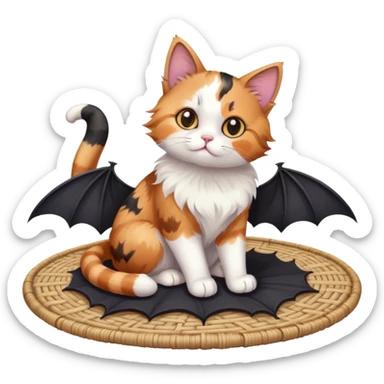 cat sitting on a mat with two bats flying nearby sticker