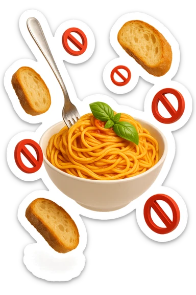 bowl di pasta e fettine di pane che fluttuano in aria con piccoli divieti 3d, sfondo bianco, iperrealistico 4k sticker