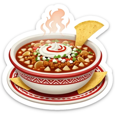 a hot bowl of pozole with a side of tostada with sour cream and red salsa sticker