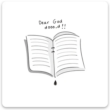 Hand-drawn notebook page with "Dear God" written at the top in a student's handwriting, looking like the start of a desperate essay sticker