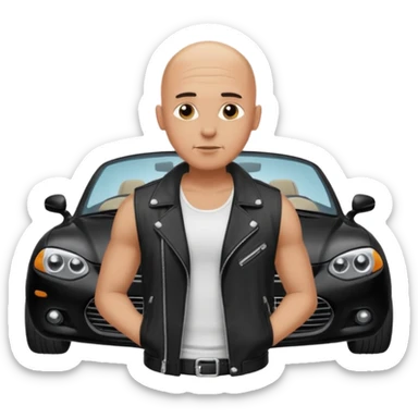 bald man emoji wearing a white tank top and black jacket with a black car in the background sticker