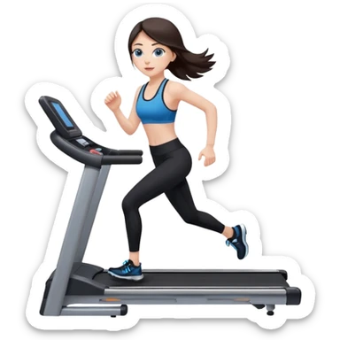 A girl with fair skin and a caring blush. Her eyes are big, expressive, blue. Her hair is long, straight, dark brown.

running on a treadmill, she is wearing black leggings and a black sports bra sticker
