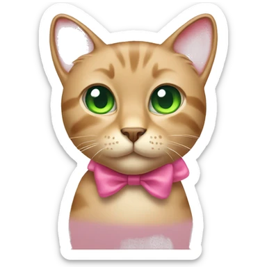 Tan cat with a pink bow and green eyes sticker
