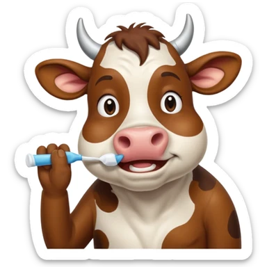 A cow brushing its teeth, looking sleepy and drowsy, portrait, bust up sticker