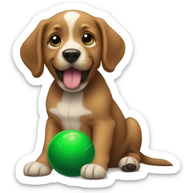 Puppy named dug dug with a green ball sticker
