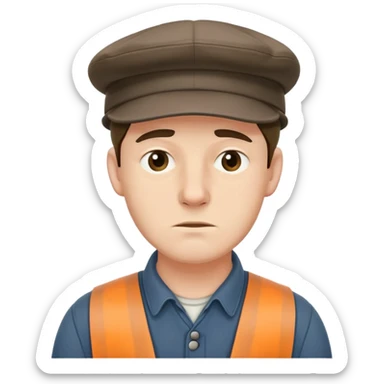 19th century English factory worker with flat cap, work clothes, and tired expression sticker