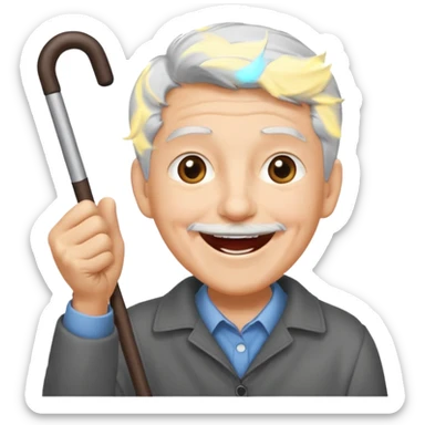 A grey-haired fan with cane in hand, cheering loudly with youthful spirit. sticker