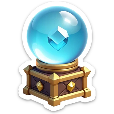 Clash of Clans aesthetic: Cinematic Playful 3D Isometric Crystal Ball Emoji, rendered in a 3D vector-style similar to standard emojis with minimal shading and bold, simplified shapes. A compact, distinct form with signature details, softly glowing with a fantasy RPG magic charm. Simplified yet unmistakably iconic, highly detailed and consistent, glowing with a soft radiance and high shine. Stylized with a touch of heroic grandeur and a soft glowing outline, capturing the essence of a beloved gaming relic with a friendly, playful manner! sticker