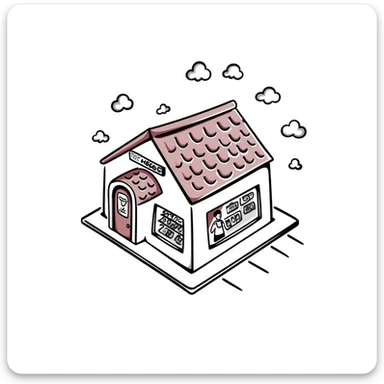 isometric view of a supermarket with a distinctive red tiled roof, glass entrance, and small parking lot sticker