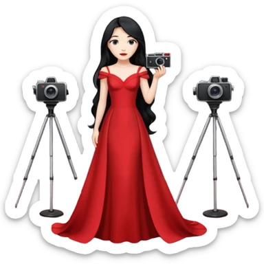 an actress standing on a red carpet with a formal dress, with only one film camera next to her. sticker
