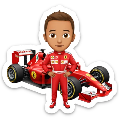 lewis hamilton en combinaison rouge ferrari devant sa f1 sticker