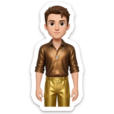 Peter Allen with brown eyes, brown hair, bronze metallic shirt, gold metallic baggy pants, silver necklace sticker