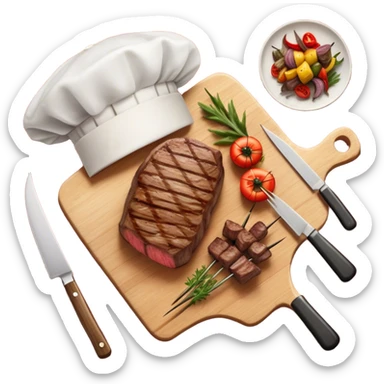 icon featuring a chef’s hat, a cutting board with fresh ingredients, a knife, a beautifully cooked ribeye steak, shashlik skewers, and a plate of food in the making. The design captures the passion of cooking with warm, inviting colors, and realistic textures. Transparent background. sticker