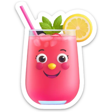 cheerful memoji-inspired character as glass of strawberry spritz lemonade with expressive eyes, big smile, pink bubbly drink, strawberry slices, mint, lemon, striped straw, fun stylish sticker