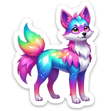 Vibrant multicolored neon-colored Falvie-Fionbri-creature-sparkle-dog-fursona, full body sticker