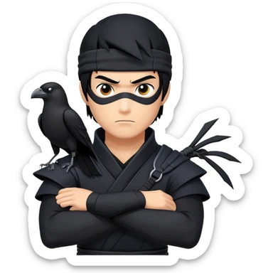 clash-of-clans-aesthetic_-cinematic-mysterious-male-ninja-portrait-emoji, rendered in a flat, vector-style with minimal shading and bold, simplified shapes, with a head slightly turned revealing intense, focused eyes. the ninja has his arm out and perched on top of his forearm is  a  giant black crow sticker