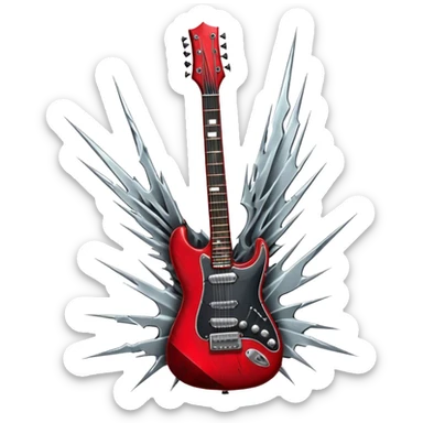 Create a fierce and edgy emoji representing hardcore rock vocal performance in a humanless collage. The design should feature a vintage microphone at the center, Add crossed drumsticks behind the microphone to symbolize the rhythm and power of the drums. surrounded by a menacing, distorted electric guitar with sharp, aggressive angles. Include subtle elements like lightning bolts, flames, or jagged sound waves to evoke the raw energy and intensity of hardcore rock. Use dark, intense colors like black, red, and silver, with a metallic, gritty finish to convey the rebellious, aggressive spirit of the genre. The background should be transparent. sticker