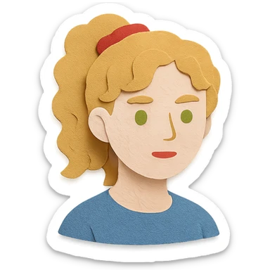 paper craft style character with blonde, curly shoulder-length hair tied back with a red scrunchie, pale white skin, pale green eyes sticker