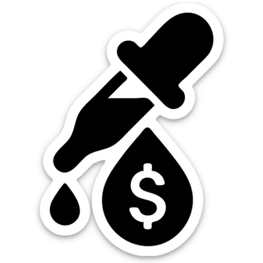 solid icon of a pipette at the top of a golden drop with a dollar sign inside the drop sticker
