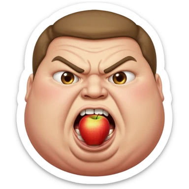 obese man mouth wide open as if shouting, bulging eyes, angry, with 'PRONOUNS' at the top, Apple emoji style sticker