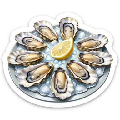 Cinematic fresh oysters on the half-shell, glistening with seawater, served with lemon wedges and ice, soft glowing highlights, elegant and luxurious. sticker