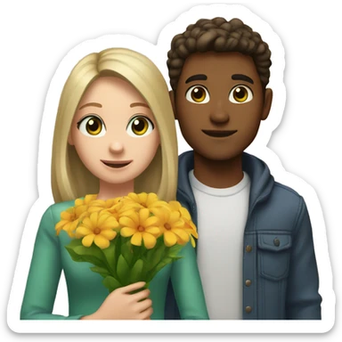a girl with shoulder-length blond hair, green eyes, stands with a bouquet of flowers, next to her is a boy, brown eyes, brown hair, holding a CFS package sticker
