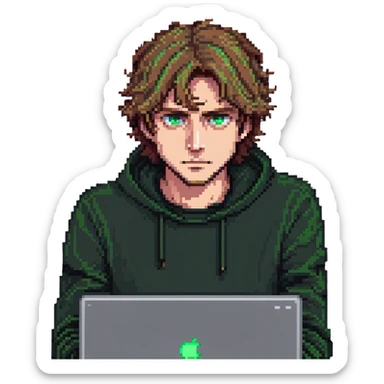 man with light brown hair and green eyes, laptop open, focused expression, minimal background sticker