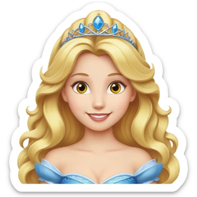 A girl with big blond hair and yellow eyes, wearing a Disney princess costume, smiling sticker