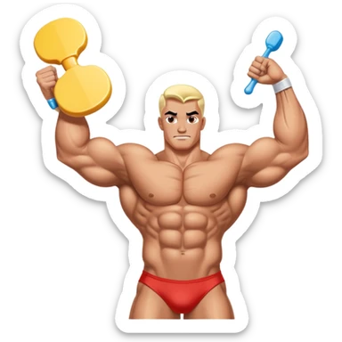 Cartoonish pro bodybuilder on stage - left arm normal, right arm grotesquely swollen like water wing pool float. Judges holding "10" paddles shaped as diuretic pills. 90s comic book halftone shading. sticker
